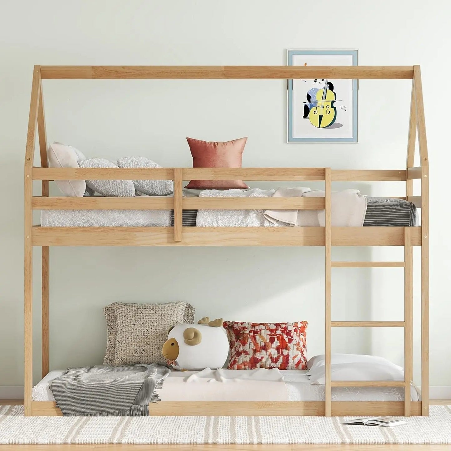 Twin Over Twin Bunk Bed for Girls Boys,Solid Wood House Shaped Bunk Bed Frame with Ladder and Guardrails,Space Saving Design Good Vibrations