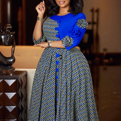 Elegant Dresses for Women 2025 Fall Fashion African 3/4 Sleeve Party Birthday New Robe Chic 3D Flower Plaid Evening A-Line Dress Good Vibrations