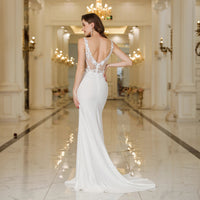 MisShow Elegant Straps White Mermaid Wedding Dresses Lace Pearls Backless V Neck Sleeveless Formal Party Gowns Vestido Marriee Good Vibrations