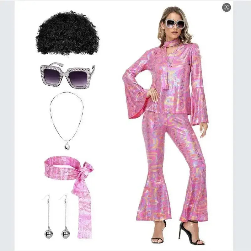 70s Women Disco Outfit Costume Disco Party Top Pants Sunglasses Ball Necklace Earring Wig for Halloween Easter Party Dress Up Good Vibrations