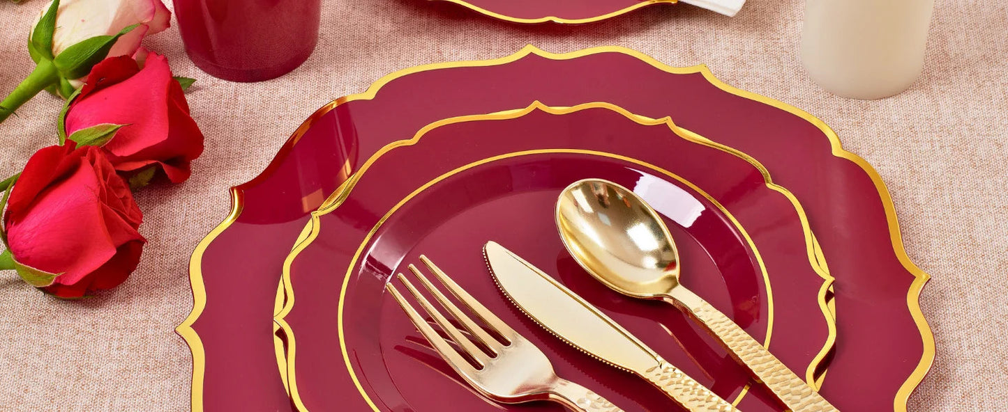 Plates Disposable, 50 Plastic Maroon Plates, Red Plastic Dinnerware Set, 25 10oz Cups, 75 Gold Cutlery, 25 Gold Napkins Good Vibrations