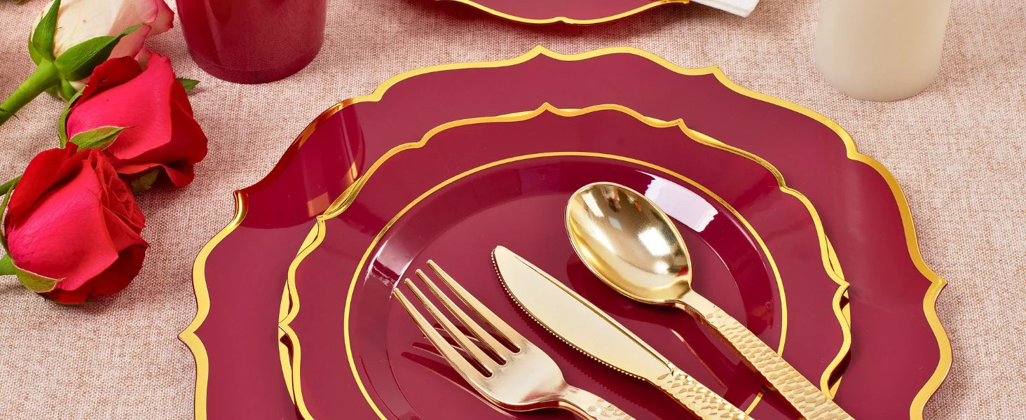 Plates Disposable, 50 Plastic Maroon Plates, Red Plastic Dinnerware Set, 25 10oz Cups, 75 Gold Cutlery, 25 Gold Napkins Good Vibrations