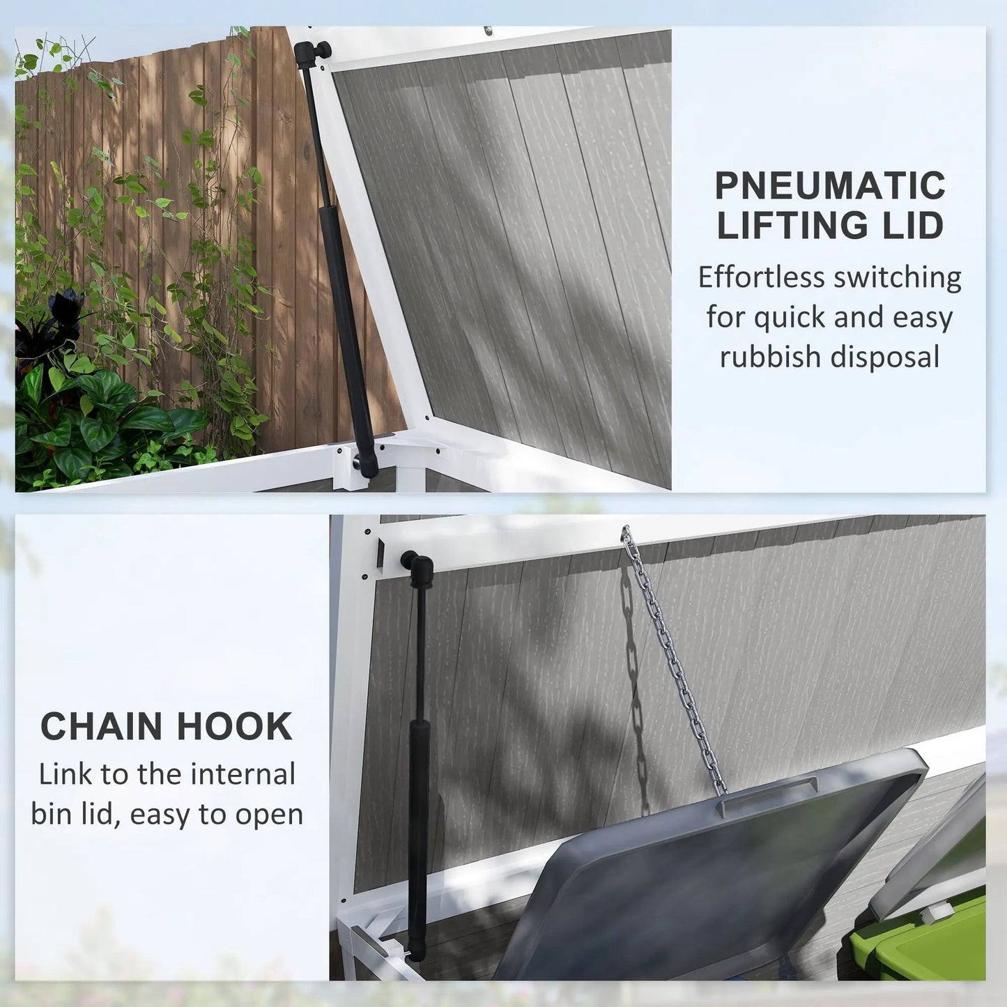 4.7 x 2.5FT Outdoor Horizontal Storage Shed, Lockable Trash Can Storage with Chain Lid, Gray Good Vibrations