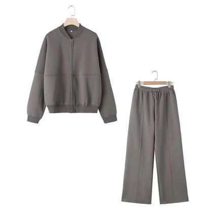 HH Women's Fall 2-Piece Retro Solid Color Zip Bomber Jacket Sweatshirt+High Waist Lace Up Women's Wide Leg Pants Street Wear Good Vibrations