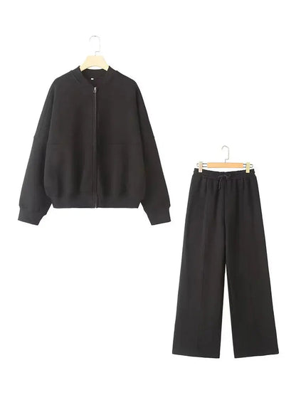 HH Women's Fall 2-Piece Retro Solid Color Zip Bomber Jacket Sweatshirt+High Waist Lace Up Women's Wide Leg Pants Street Wear Good Vibrations