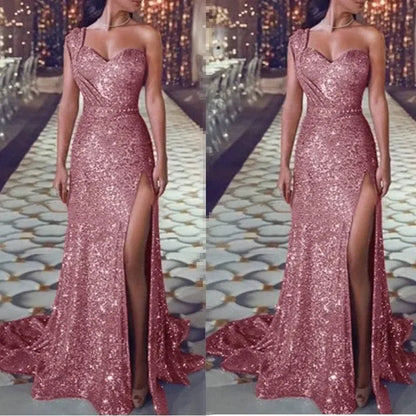 2025 Women's Wedding Party Dress Evening Elegant Sexy Deep V Neck One Shoulder Sleeveless Sequined Long Maxi Dresses For Women Good Vibrations