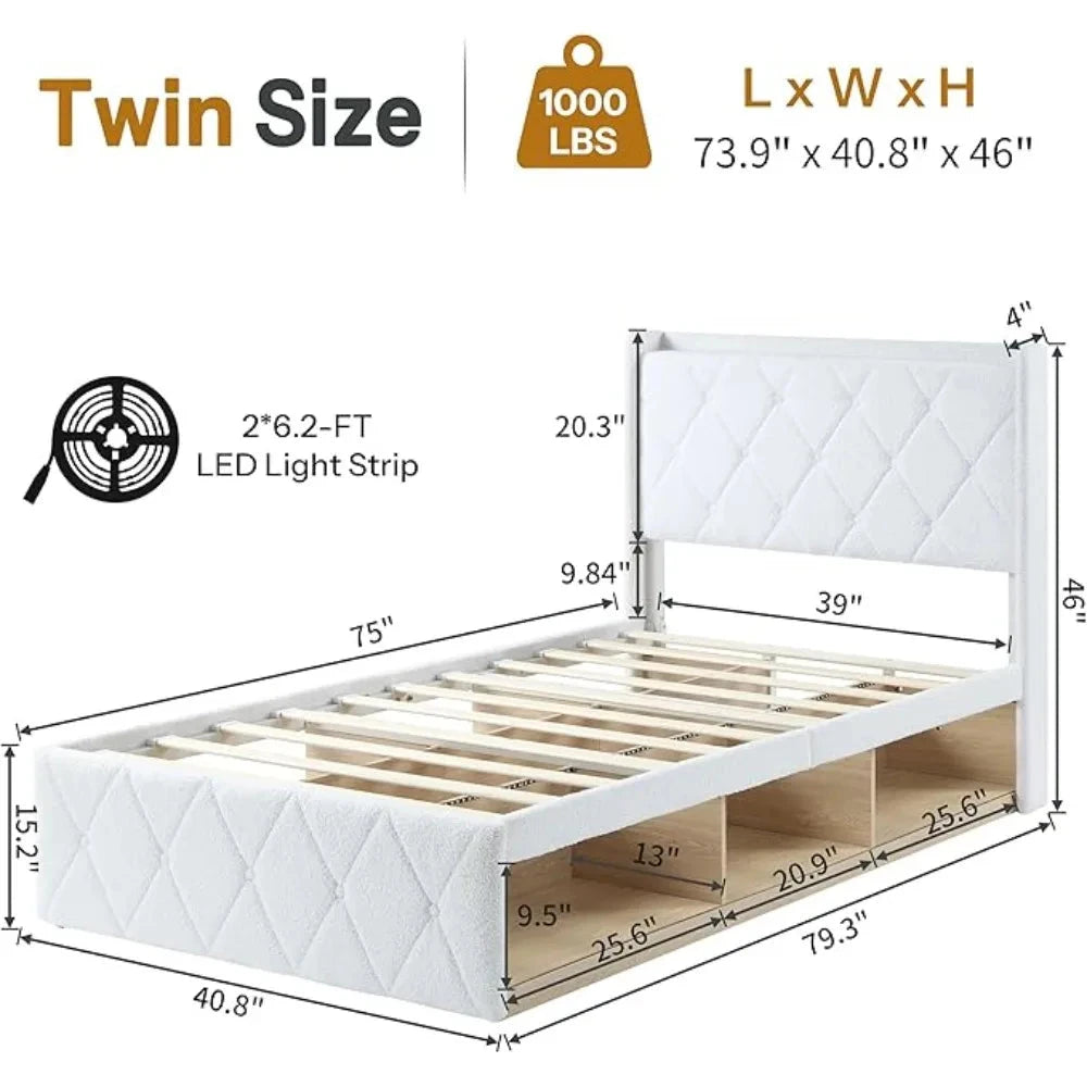 Bed Frame with 6 Storage Cabinet and LED Lights, Boucle Upholstered Button Tufted Headboard - Includes Charging Station Good Vibrations