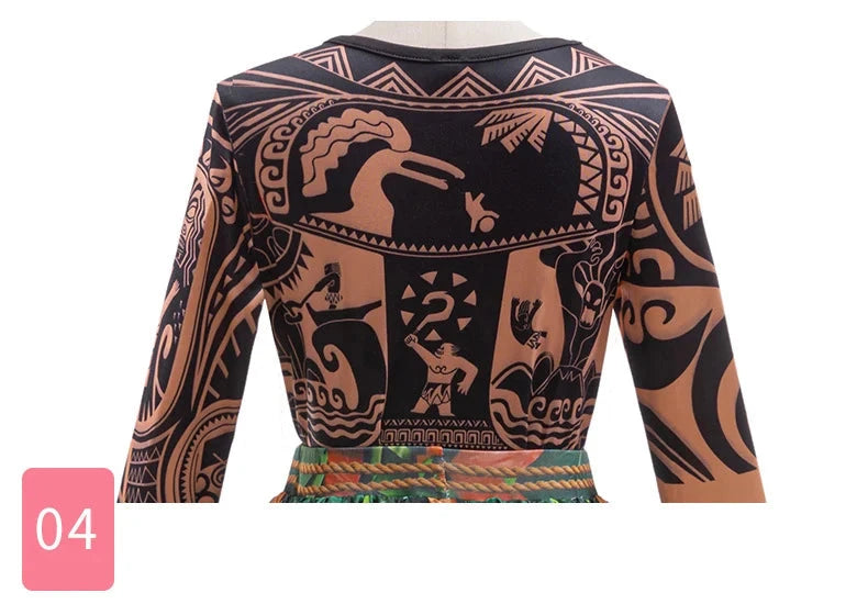 Disney Moana 2 Maui Cosplay Jumpsuits Tattoo Costume Boys Girls Maui Print Leaf Suits Movie Character Halloween Costume 2-10Yrs Good Vibrations