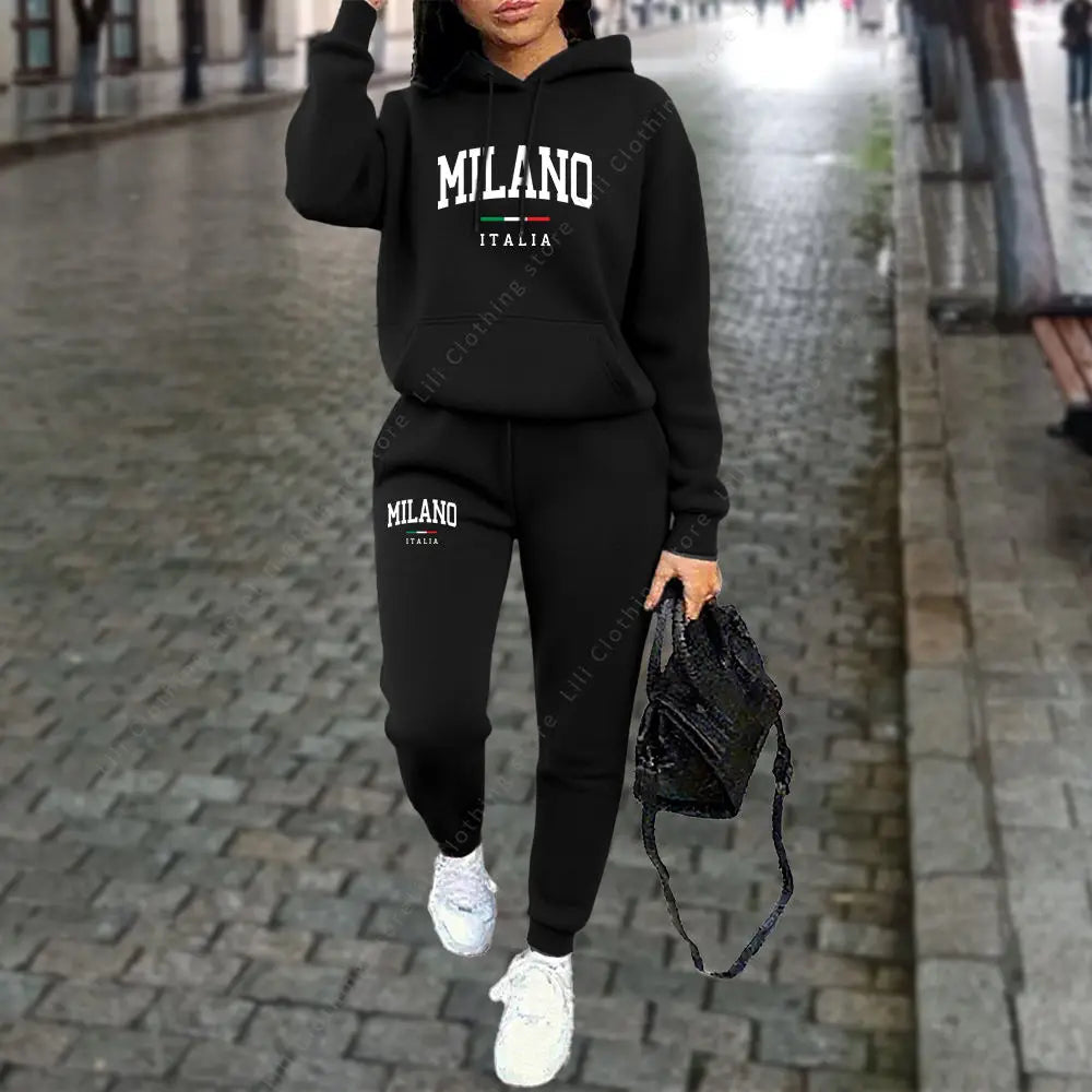 Autumn Winter Women's Sets 2pcs Hoodies Pants Suit Sports Outfits 2025 MILANO Letter Print Aesthetic Clothes Ladies Tracksuit Good Vibrations
