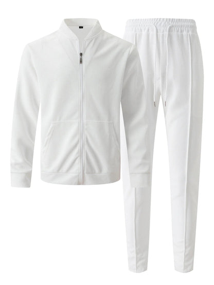 Autumn Winter Men's Casual Blazer Set New Fashion Waffle Baseball Suit Round Neck Pocket Zipper Long Sleeve Trousers Two-Piece S Good Vibrations