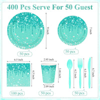 25PCS Paper Disposable Tableware Set Blue Green Glitter Plates Napkins & Cups for Ladies Birthday, Anniversary & Wedding Party Good Vibrations