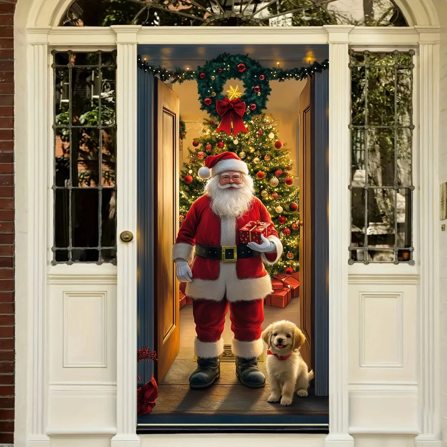 Christmas Tree Door Cover and Santa Claus  Festive Holiday Decoration, Winter themed photography Versatile Hanging for Entrance Good Vibrations