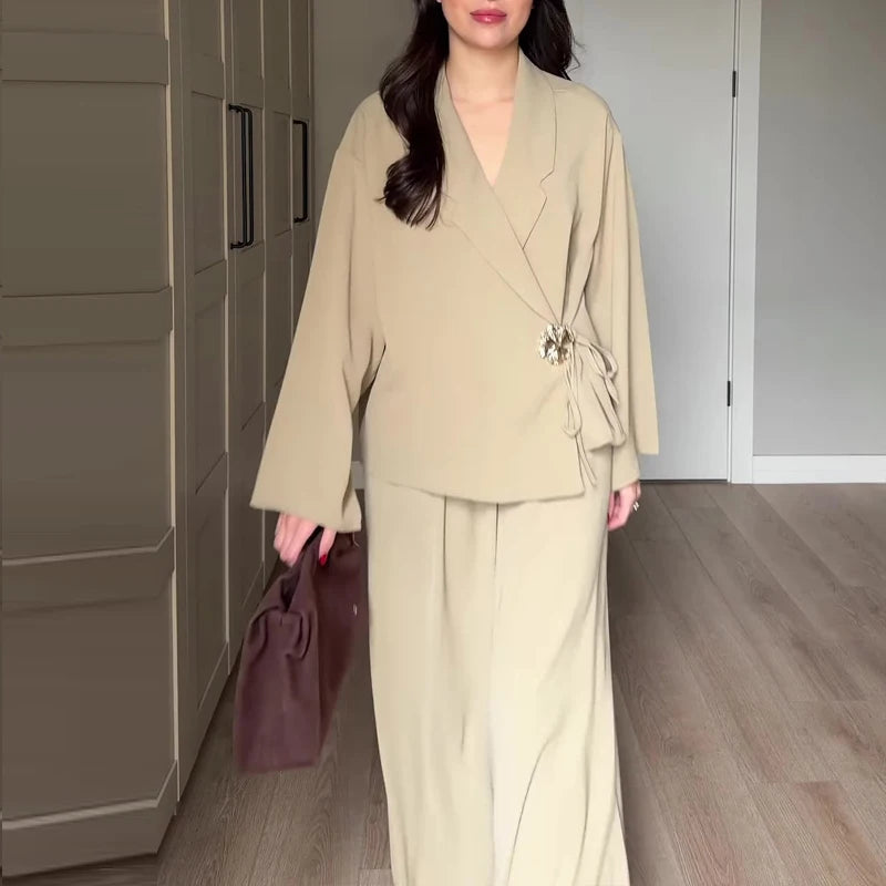 Women's Casual Party Outfit Vintage Solid Loose Autumn Suit New 2026 Elegant V Neck Long Sleeved Top & Wide Leg Pants Two Piece Good Vibrations
