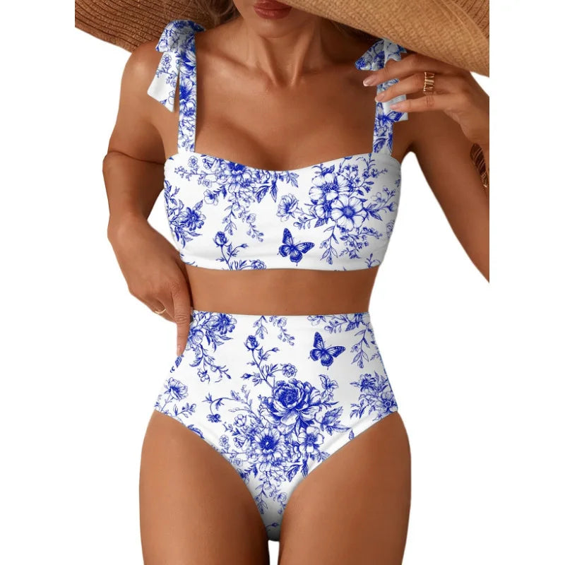 Women's 2026 Two Piece Bikini Set Striped High Waist Tie Shoulder Swimsuit Summer Beachwear Good Vibrations