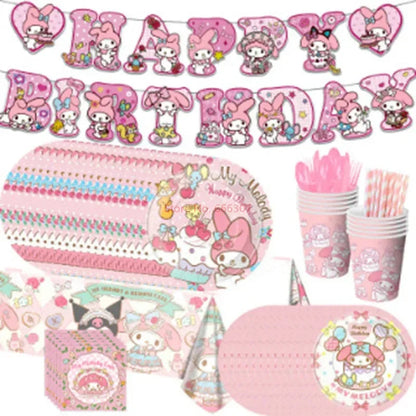 Sanrio Melody Themed Children's Birthday Party Decoration Disposable Paper Tray Tissue Tablecloth Set Party Props And Decoration Good Vibrations