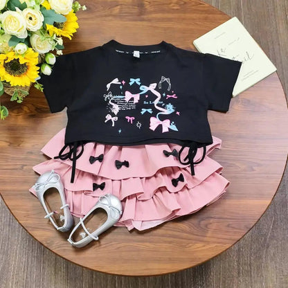Outfits Y2K Bow Children Cake Skirt Set Pleated Teenagers T-shirt Skirt Suit Sweet Slim Fit Girls Clothes Set Summer Good Vibrations