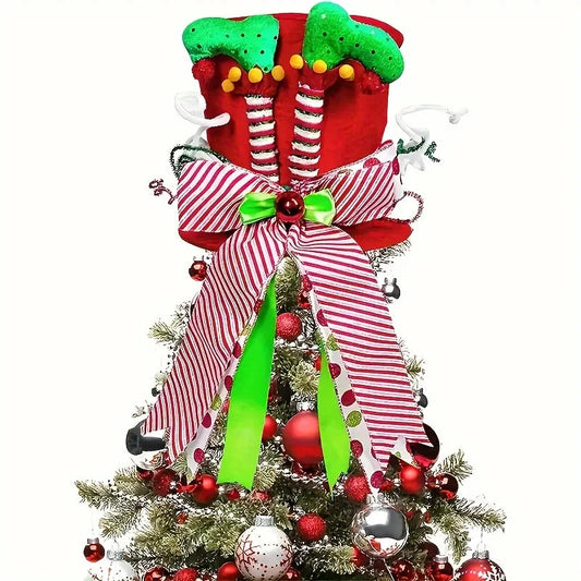 A Christmas tree hat, red and green elf leg hat, sequined striped bow tree hat, perfect for Christmas tree decoration Good Vibrations