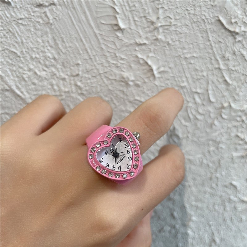 Heart Full Diamond Watch Ring Retro Middle-Ancient Cute Earth Cool Men and Women Millennium Sexy Pink Peach Heart Disco Harajuku Good Vibrations
