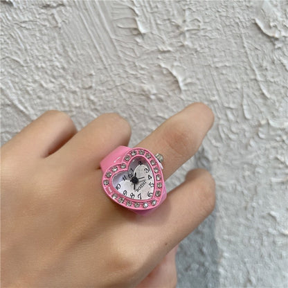 Heart Full Diamond Watch Ring Retro Middle-Ancient Cute Earth Cool Men and Women Millennium Sexy Pink Peach Heart Disco Harajuku Good Vibrations