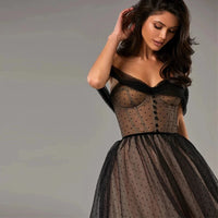 Customized Evening Dress Black Dots Tulle Tea-Length Pleat A-Line Off The Shoulder Plus size Women Formal Party Gown H858 Good Vibrations