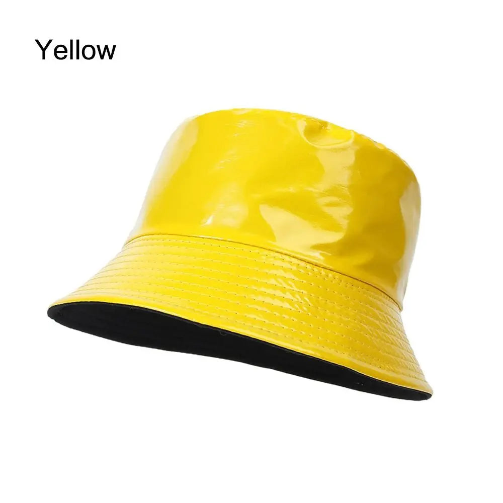 Faux Leather Bucket Hat Women Reversible PU Leather Sun Hat Fashion Autumn Waterproof Fisherman Hat Reversible Sun Bucket Hat Good Vibrations