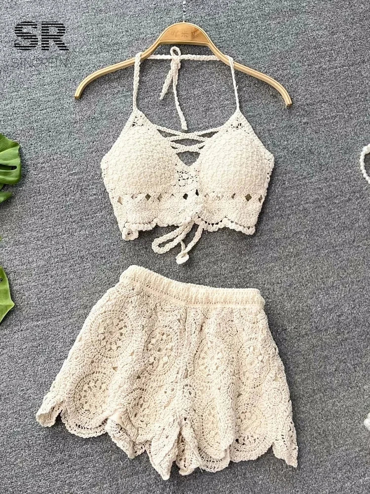 SINGREINY Knit Two Piece Sets Women Summer Vacation Backless Camisole Elastic Waist Shorts Hollow Out Y2K Beach Style Suits Good Vibrations