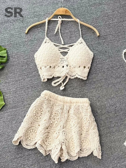 SINGREINY Knit Two Piece Sets Women Summer Vacation Backless Camisole Elastic Waist Shorts Hollow Out Y2K Beach Style Suits Good Vibrations