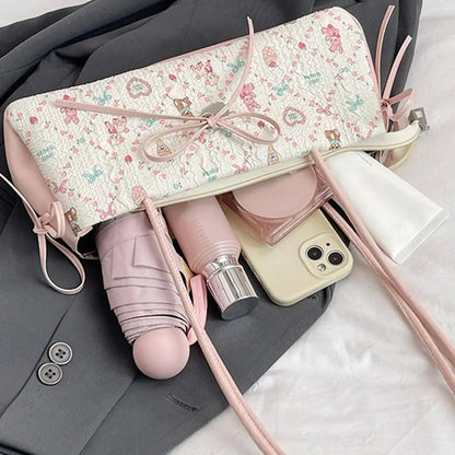 Cartoon Print Shoulder Bag Sweet Women Bow Underarm Bag Commuter Versatile Handbag Pleated Tote Bag Casual Practical Bag Good Vibrations