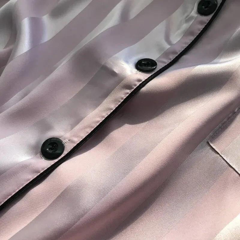 1 Set Women's Elegant Lounge Set, Plus Size Satin Striped Button Up Long Sleeve Shirt & Pants Pajamas Good Vibrations