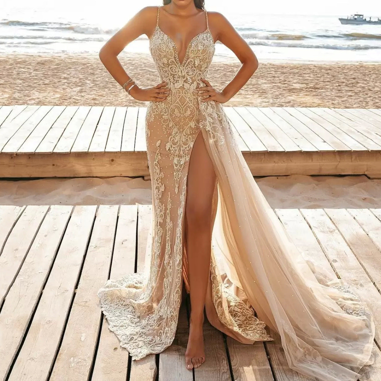 Wedding Party Dress Female Evening Elegant Sexy Deep V Neck Strap Sleeveless Sequined Long Maxi Dresses for Women 2024 Good Vibrations