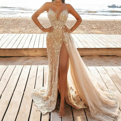 Wedding Party Dress Female Evening Elegant Sexy Deep V Neck Strap Sleeveless Sequined Long Maxi Dresses for Women 2024 Good Vibrations