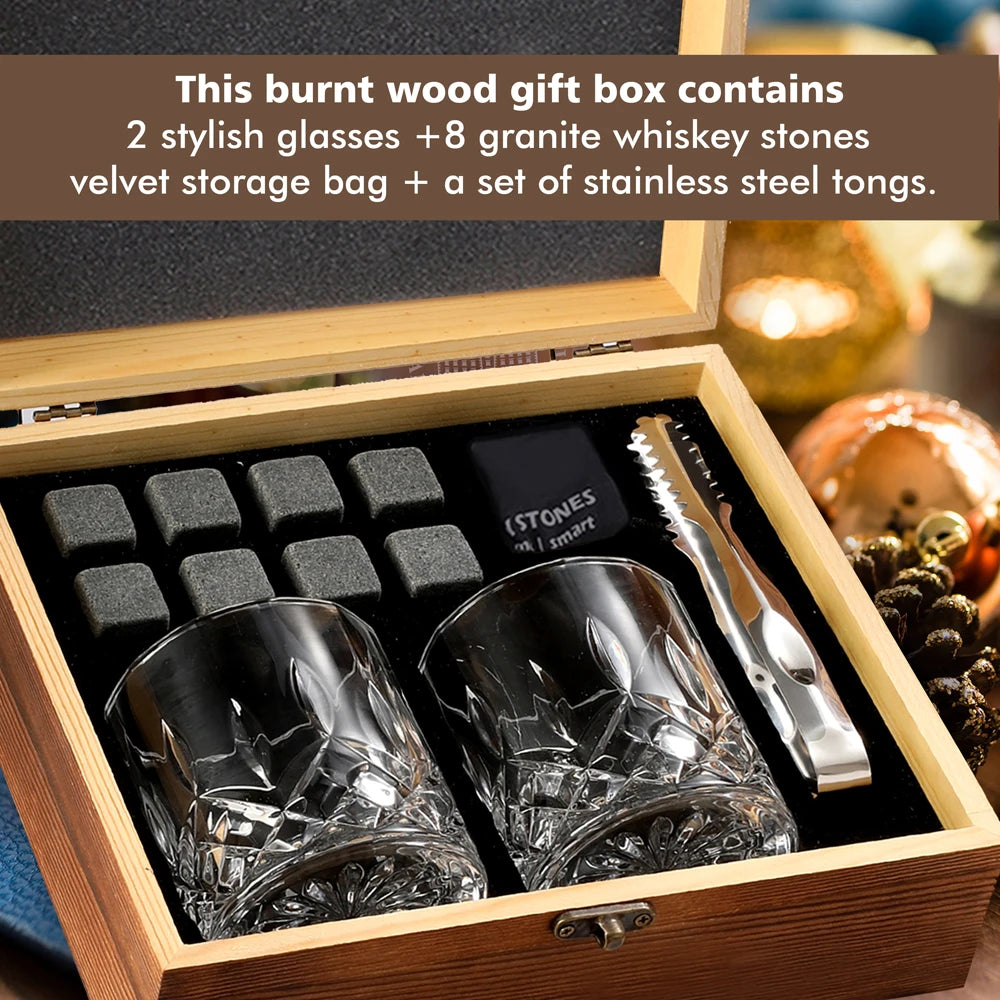 Whiskey Stones Gift Set Whiskey Glass Set of Granite Chilling Whiskey Rocks  Scotch Bourbon Whiskey Glass Gift Box Set Good Vibrations