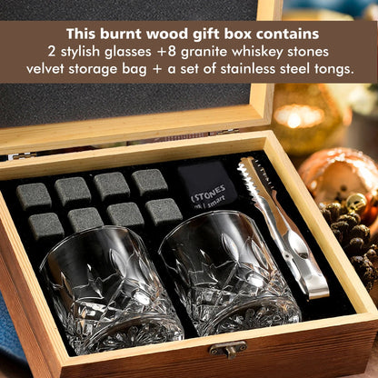 Whiskey Stones Gift Set Whiskey Glass Set of Granite Chilling Whiskey Rocks  Scotch Bourbon Whiskey Glass Gift Box Set Good Vibrations