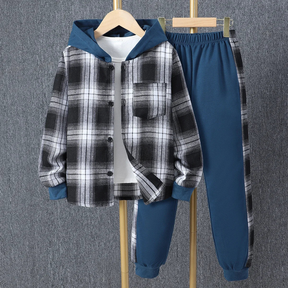 Kids Boys' Autumn Casual Checker Hoodie Set Shirt Suit Soft Ventilate Fashion Boys Suit Plaid Children's Clothing Set Good Vibrations