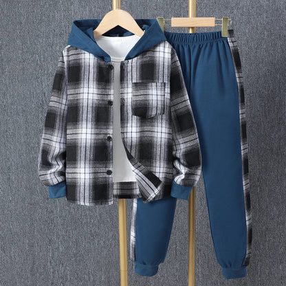 Kids Boys' Autumn Casual Checker Hoodie Set Shirt Suit Soft Ventilate Fashion Boys Suit Plaid Children's Clothing Set Good Vibrations