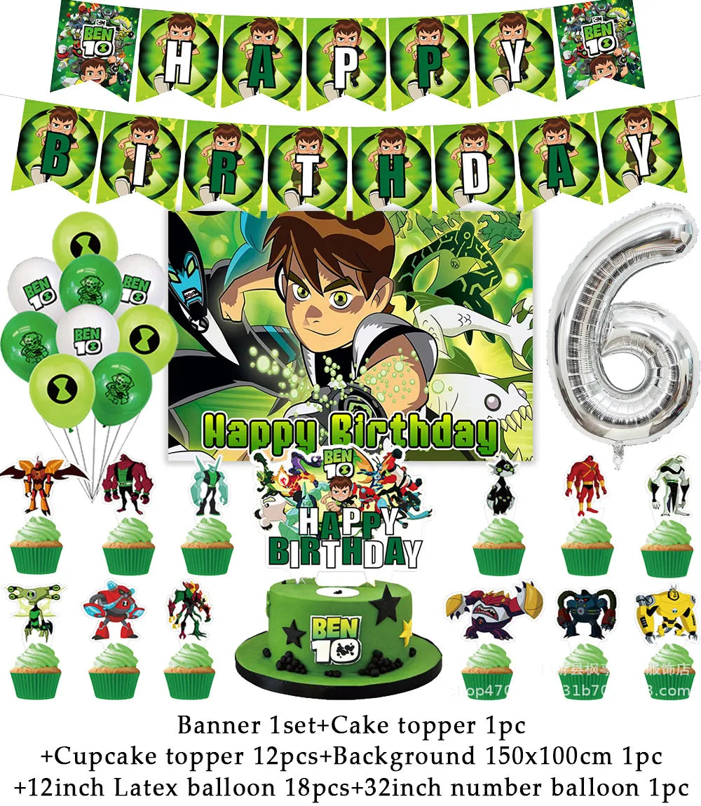 Cartoon Ben-10 Birthday Party Decoration Balloons Favor Set Banner Cake Toppers Baby Shower Boys Gift Party Supplies Photo Prop Good Vibrations
