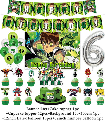 Cartoon Ben-10 Birthday Party Decoration Balloons Favor Set Banner Cake Toppers Baby Shower Boys Gift Party Supplies Photo Prop Good Vibrations