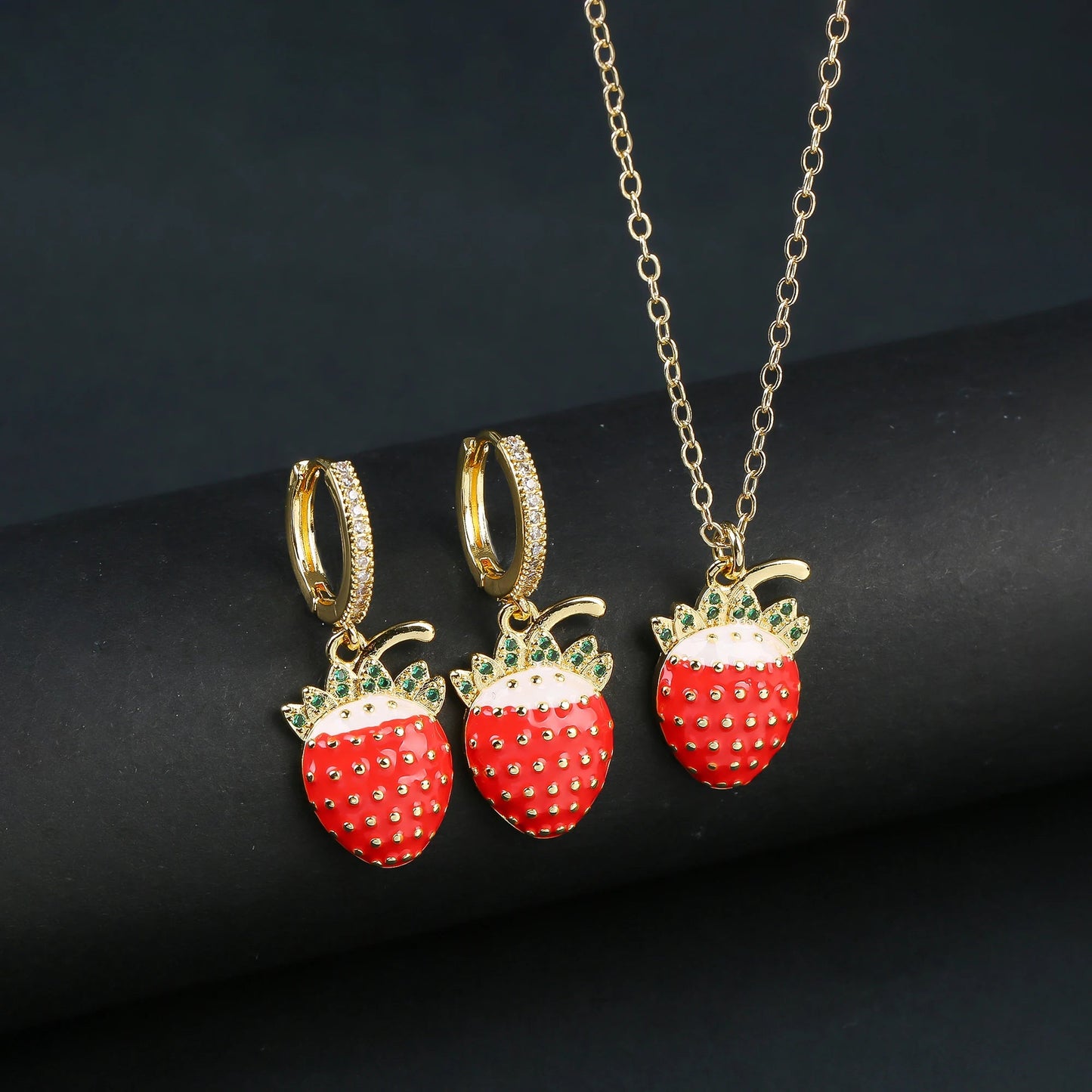 Light Luxury Crystal Zirconia Red Cherry Jewelry Set Earrings Necklace for Women Girls Sweet Jewelry Accessories Party Gifts Good Vibrations Adult Super Store