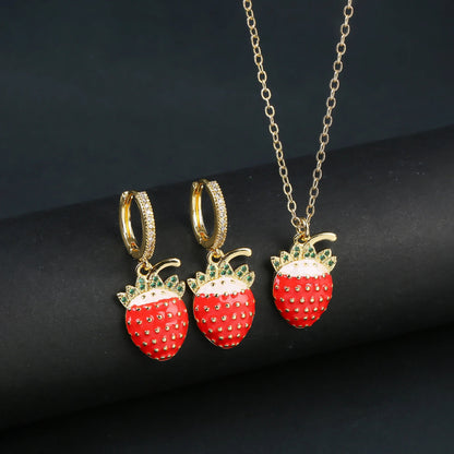 Light Luxury Crystal Zirconia Red Cherry Jewelry Set Earrings Necklace for Women Girls Sweet Jewelry Accessories Party Gifts Good Vibrations Adult Super Store