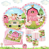 Pink Farm Party Birthday Decorations Disposable Tableware Paper Plates Cups Napkin Baby Shower Kids Girls Birthday Party Decor Good Vibrations
