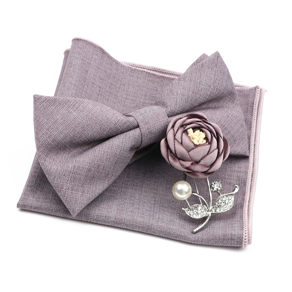 Mens Wedding Bowtie Brooch Set Romantic Solid Color Bamboo Fiber Bowknot Flower Lapel Pin Blue Pink Cravat Suit Shirt Accessory Good Vibrations