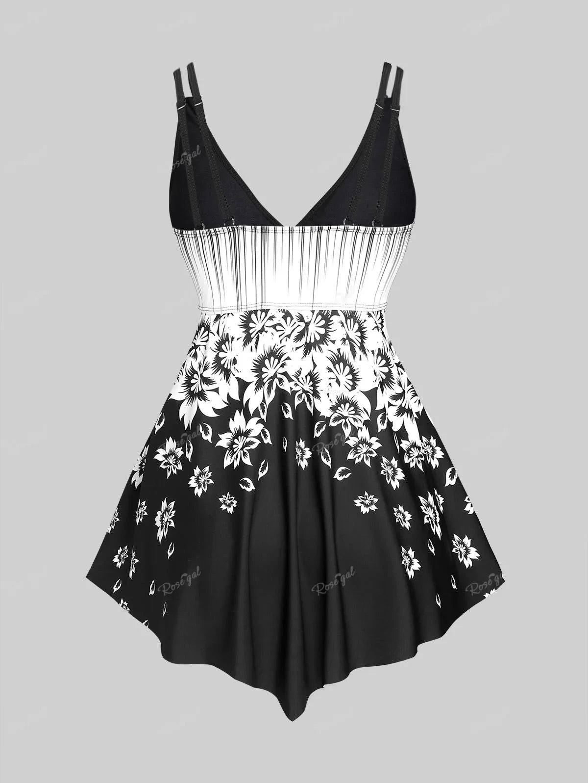 Rosegal plus Size Women's Stripes Flower Printed Backless Padded Modest Tankini Swimsuit Good Vibrations