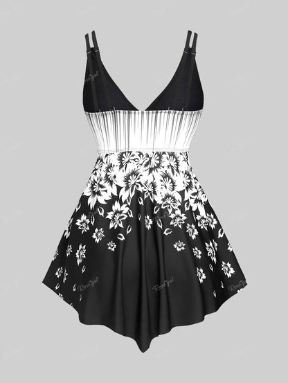 Rosegal plus Size Women's Stripes Flower Printed Backless Padded Modest Tankini Swimsuit Good Vibrations