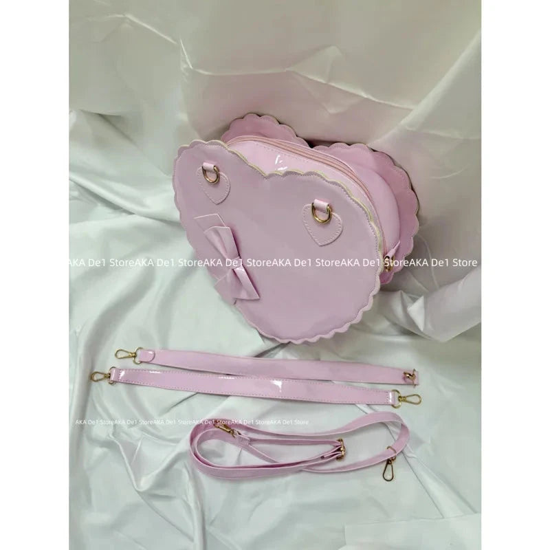 PU Heart Lolita Handbags Girls Bowknots Decor Japanese Shoulder Bags Two Sized Kawaii Shell Purses Cute Pink Messenger Bag Gifts Good Vibrations