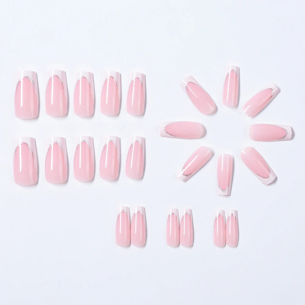 24Pcs Short Square Coffin False Nails French Glitter Wearable Fake Nails Acrylic Full Cover Women Ballet Press on Nails Tips Good Vibrations