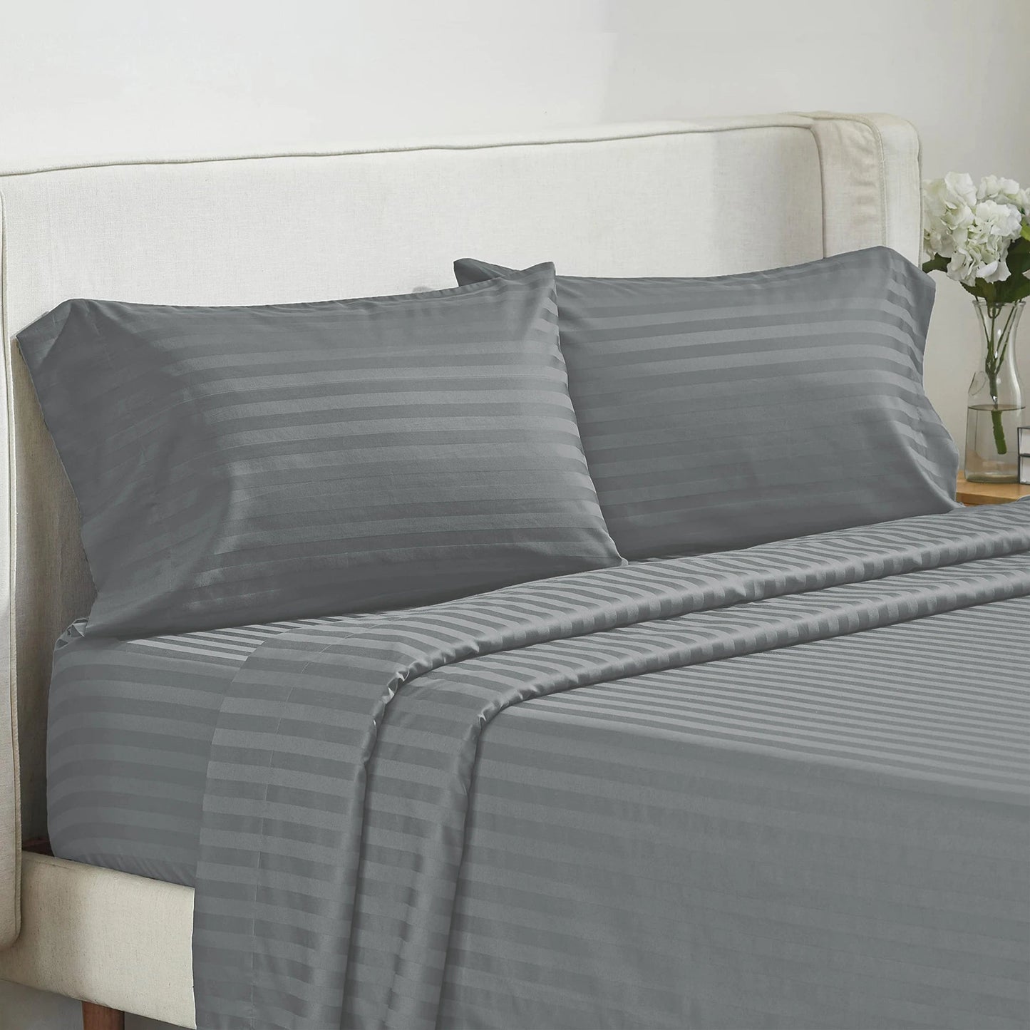 Battilo Bed Sheets 4 Pieces Set Luxury Fitted Flat Sheet with Pillowcases Solid Stripe Bedding Set For Twin Full Queen King Size Good Vibrations