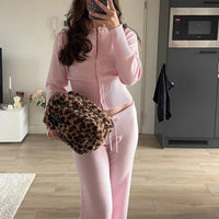 Tornova 2025 Fall Winter Knitted Suit Solid Cardigan Top Women's O neck Knitted Sweater Straight Trousers Two Piece Set Casual Good Vibrations