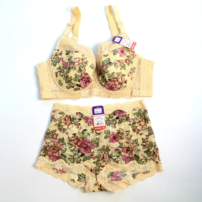 Women's Bra Set Sexy Lace Printed Embroidery Plus Size Full Cup Female Lingerie Suit 34 36 - 48 B C D E F Good Vibrations