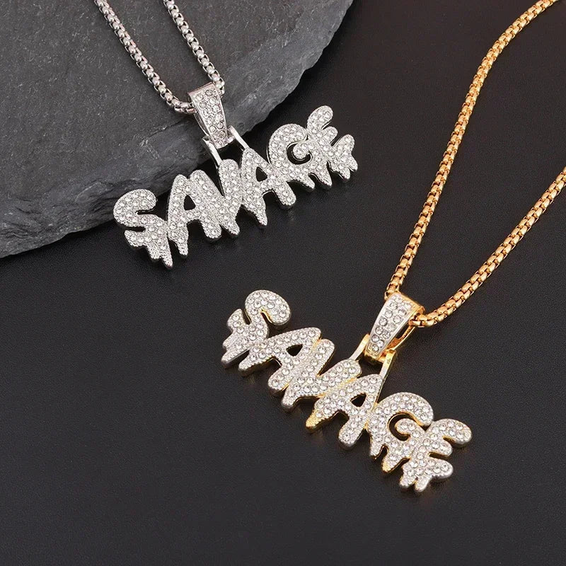 Hip Hop Ice Out Square Crystal S-A-V-A-G-E Letter Pendant Necklace for Men and Women Street One Last Party Trendy Jewelry Gift Good Vibrations