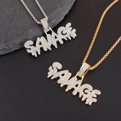 Hip Hop Ice Out Square Crystal S-A-V-A-G-E Letter Pendant Necklace for Men and Women Street One Last Party Trendy Jewelry Gift Good Vibrations